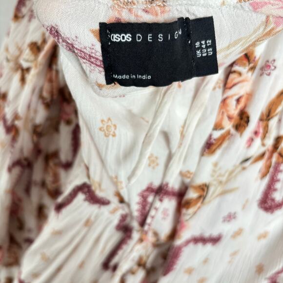 ASOS Boho Floral Open-Back Ruffle Mini Dress 70s Flared Ruffle Sleeves Size 12 - Picture 7 of 9